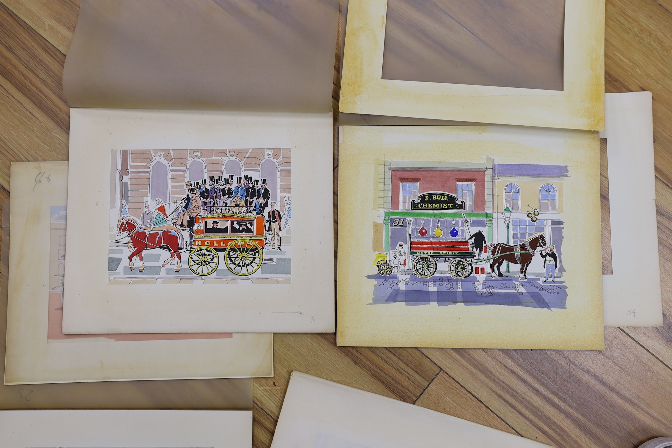 Mid century British School, nine 1950's original gouache and ink illustrations, all of a transport theme including trams, Rolls Royce Silver Ghost and Boer War engineers' car, approx. 15 x 20cm, unframed